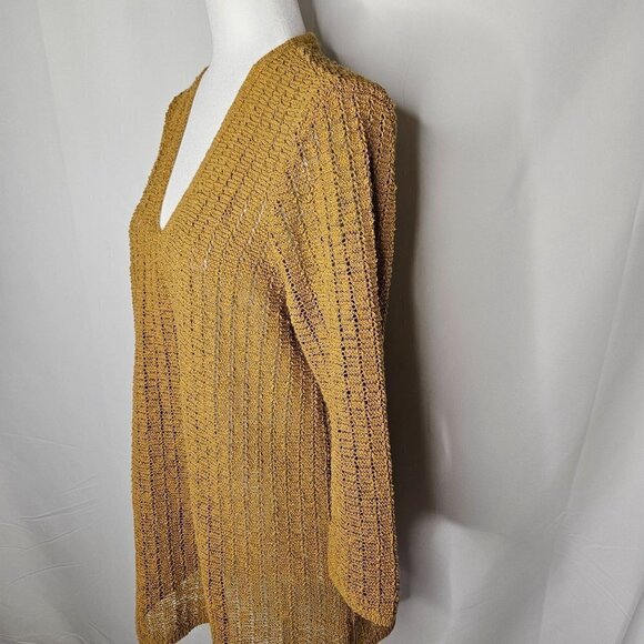 J. Jill Size Medium Gold V-Neck Open Knit Lightweight Tunic Sweater 3/4 Sleeve - Picture 3 of 13